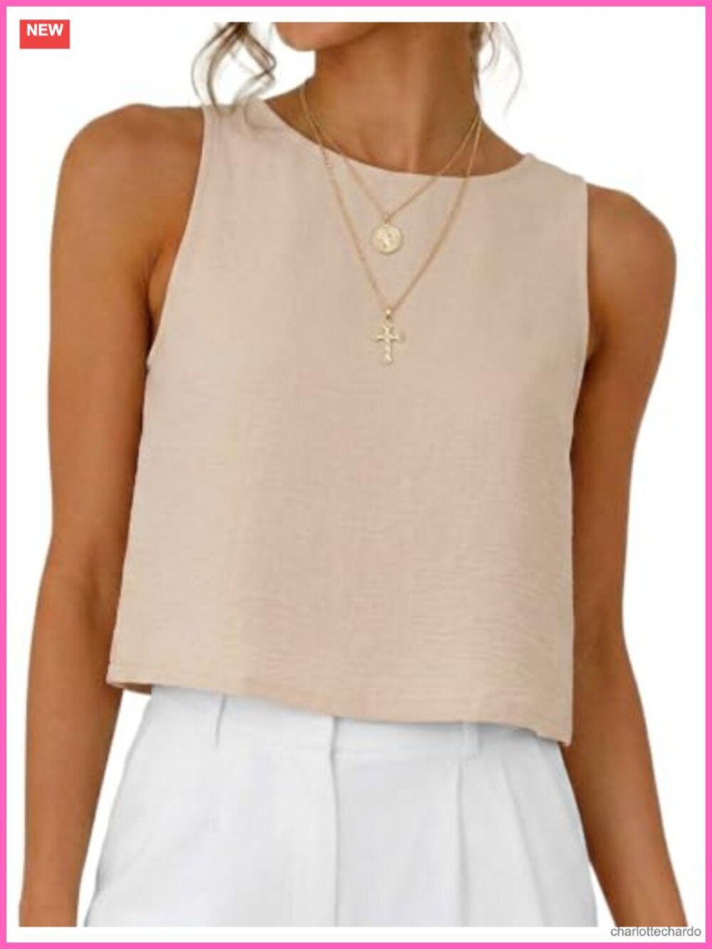 Womens Loose Fit Crop Tank Top Sleeveless Button Back Crew Neck Casual Summer
